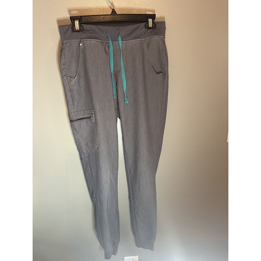 FIGS Zamora Jogger Scrub Pants Heather Charcoal Gray Womens Size ST Teal String